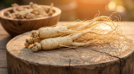 fresh ginseng roots on rustic wooden board