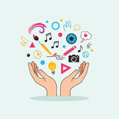Cartoon-style illustration of hands cradling creative elements