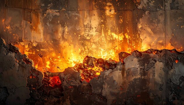A raw, cracked, aged wall is ablaze with molten heat, casting orange and yellow light, and showing its fiery innards