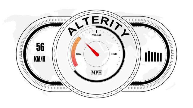 Universal level meter indicator with ALTERITY text Animation.Gauge scale meter status performance 4K motion background.System status risk health emotion performance gauge icon.