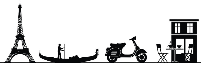 Adobe Illustrator Artwork ​European travel silhouette with Eiffel Tower, gondola, scooter, and outdoor cafe vector illustration. © RUMA AKTHER