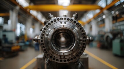 Fototapeta premium Close up of complex industrial hinery in a blurred factory setting