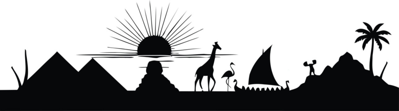 Ancient Egypt silhouette landscape with Great Pyramids, Sphinx, giraffe, flamingo, and sailboat at sunset vector illustration. Panoramic city skyline silhouette featuring world landmarks, big clock to