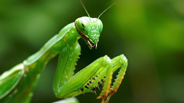 Close up of a green praying mantis in its natural habitat with a blurred background.