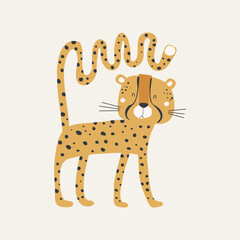A whimsical hand-drawn cheetah illustration with a unique long curly tail. Adorable nursery art for safari-themed kids apparel, posters, and greeting cards. High-quality vector. © NEMR Studio