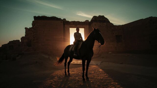 Majestic Akhal Teke horse with rider in desert ruins at sunset