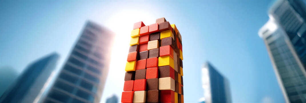 Colorful building blocks towering against city skyline backdrop