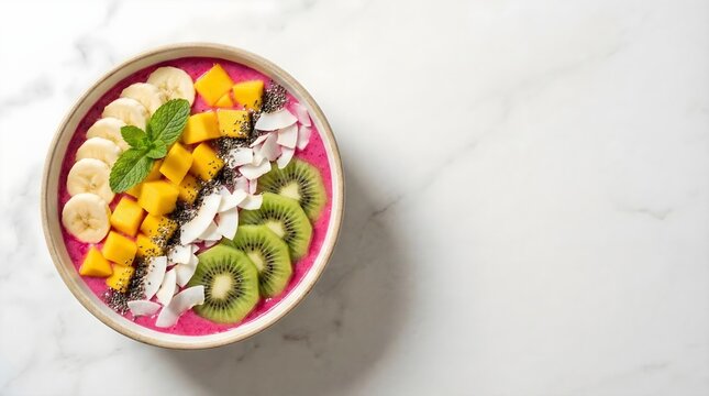 Tropical smoothie bowl flat lay with fresh fruit on light background, copy space