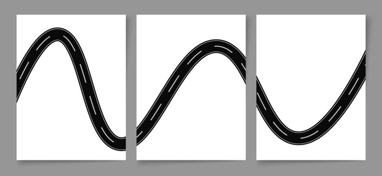 A set of three separate vector graphic illustrations, each showcasing a segment of a black winding road design featuring distinctive white dashed lines for digital projects.