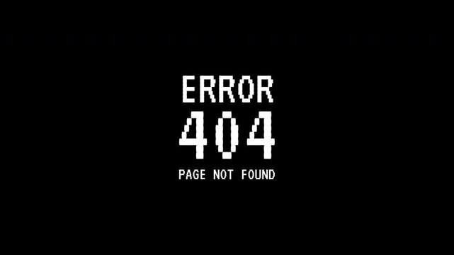 Error 404 message in pixelated white text suitable for website design to display when page is not found. Simple and effective.