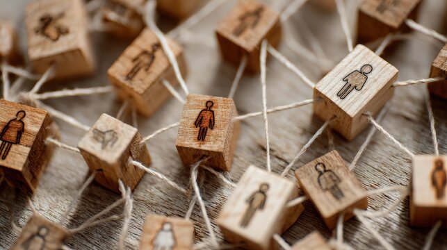 Wooden blocks etched with human figures connect across a rustic surface with thin twine creating a tangible representation of a vast network.