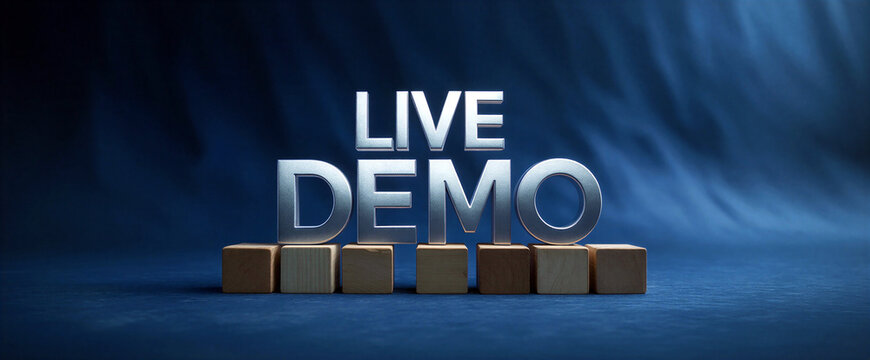 Live demo presentation with metallic text and wooden blocks on blue