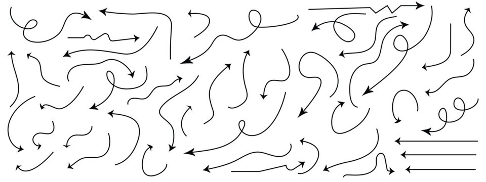 Doddle arrow set, collection of hand drawn arrows, Arrow mark icons.  Various black brush drawn curved arrows .Black and white illustration.
