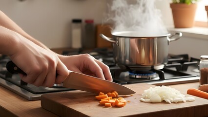 도마 위에서 신선한 채소를 손질하는 예리한 칼날 close up of a sharp knife cutting fresh vegetables on a wooden board