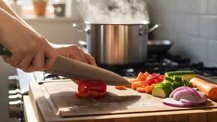 도마 위에서 신선한 채소를 손질하는 예리한 칼날 close up of a sharp knife cutting fresh vegetables on a wooden board