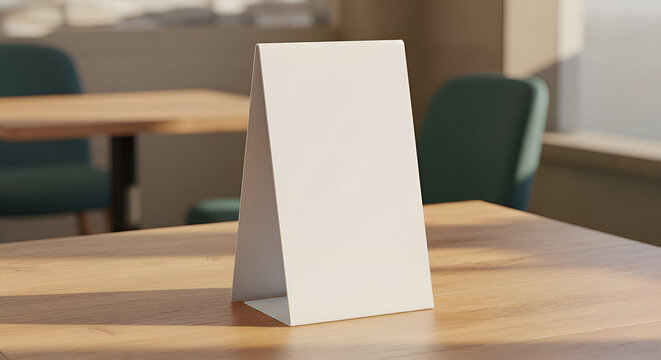 Blank white tabletop easel sign in a cafe setting. Empty sign positioned on a light brown wooden table with teal chairs and natural light.