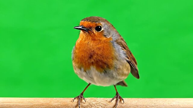 A small European robin with a bright orange-red breast and brown feathers stands on a wooden perch against a vibrant green background.