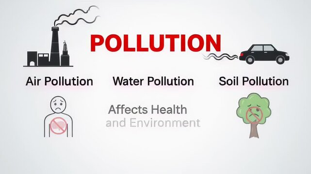Infographic illustrating air, water, and soil pollution impacts on health and environment.