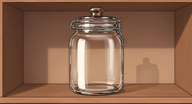 Empty glass jar with metal lid on a wooden shelf. Still life object in a kitchen/pantry setting.