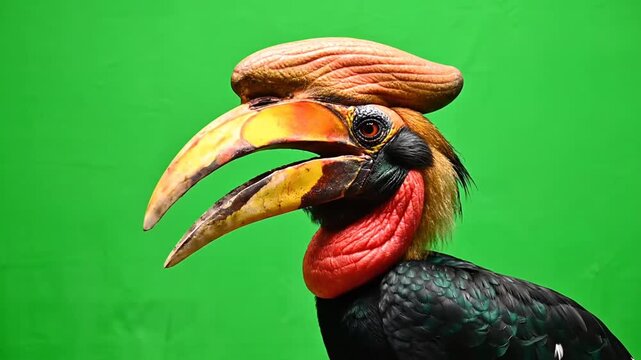 Close-up profile of a vibrant Wreathed Hornbill with its distinctive casque and colorful neck against a bright green background.