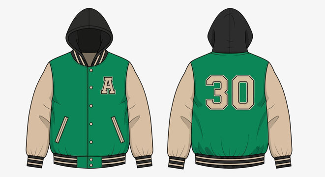 Green and Beige Varsity Jacket with Hood and Number 30 on Back.