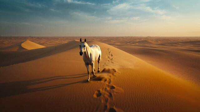 Akhal Teke horse walking on desert dune at sunset