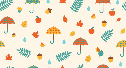 Colorful autumn pattern with umbrellas, leaves, and rain. © Abhinaya Project