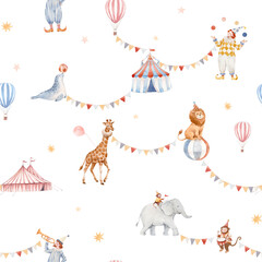Seamless baby circus watercolor pattern with cute animals and performers. Vintage carnival background with elephant, giraffe, clowns, circus tent, balloons and stars. Perfect for nursery decor © Zenina-Lembrik