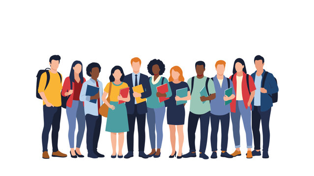 Diverse group of university students standing together holding books and folders representing higher education and college life.