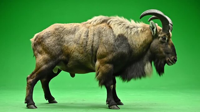 A majestic Himalayan tahr, a large wild goat-antelope, stands proudly against a vibrant green screen background, showcasing its powerful build and impressive horns.