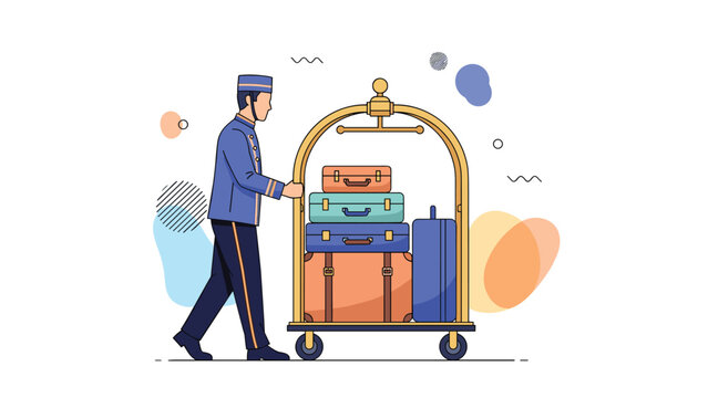 Hotel bellhop in blue uniform pushing golden luggage cart full of colorful suitcases to assist guests in luxury hotel lobby.