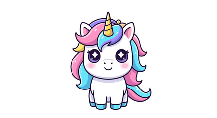 Fototapeta premium Adorable cartoon unicorn with colorful mane and pastel colors.