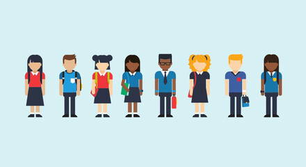 Fototapeta premium Diverse group of cartoon schoolchildren standing together.