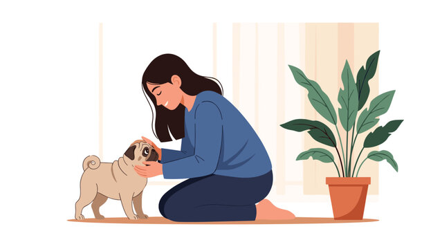 Young woman kneeling on the floor at home interacts affectionately with her pet pug dog near a large indoor plant.