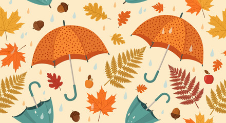 Vibrant autumn leaves and umbrellas on a rainy day seamless pattern. © Abhinaya Project