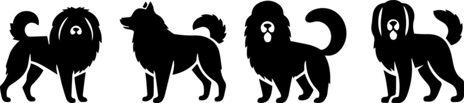 Cute dog breeds row black silhouette set of different puppy poses animal vector collection