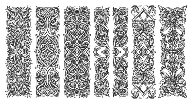 celtic viking tribal knotwork patterns featuring intricate mythological and geometric motifs for ornamental borders medieval art tattoo designs.