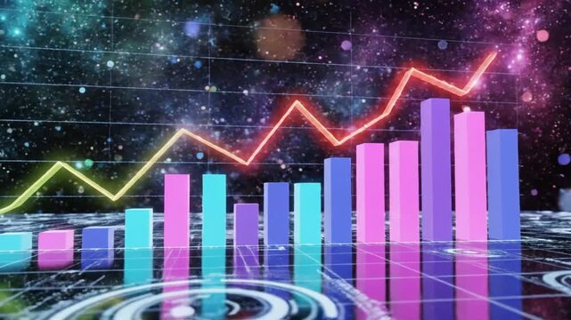A futuristic graph with colorful bars and lines rises through space with stars and nebulae visible in the background