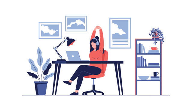 Young woman sitting at her office desk taking a break to stretch her arms while working on her laptop during a productive day.