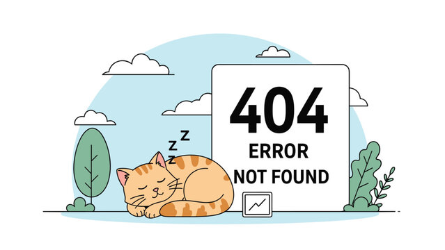 Error page design featuring a cute ginger cat sleeping next to a large four hundred and four error message sign in a garden.
