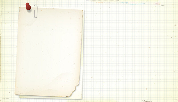 Both of old papers with stains effect attached by paper clip and stick by pins on old grid paper have blank space.
