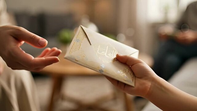 A hand is extended to receive a sealed envelope from another hand, in the tradition of celebrating Eid al-Fitr.