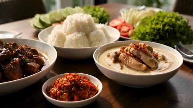 Traditional indonesian eid al fitr festive meal with rendang and rice