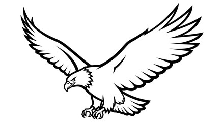 Obraz premium Eagle flying with outstretched wings, black and white illustration, powerful predator bird.