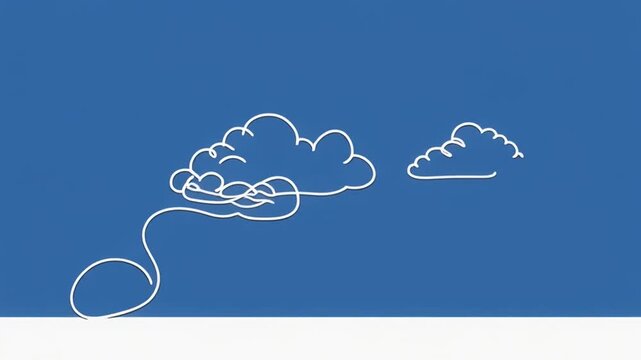 A simple, white, line drawing of a cloud with a curved stem on a blue background