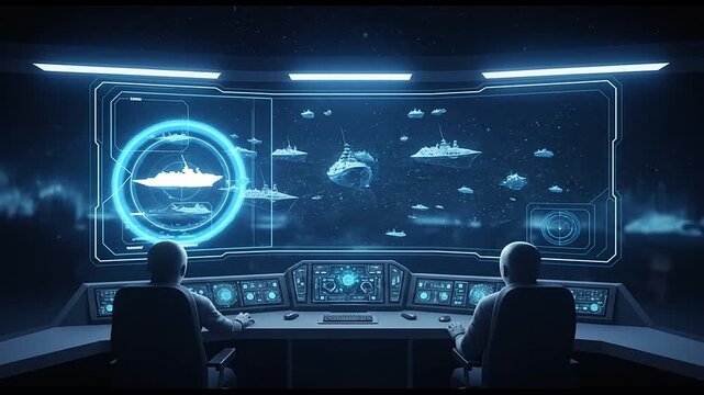 Two operators monitor holographic ship fleet in futuristic command center