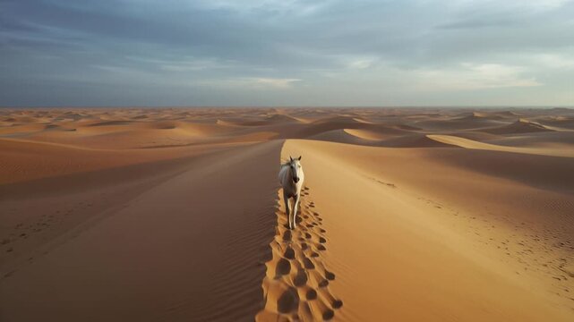 Majestic Akhal Teke horse walks desert dune under dramatic sky