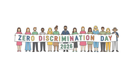 Illustration of diverse people holding a banner for Zero Discrimination Day 2026 with a colorful and inclusive design against a clean white background.