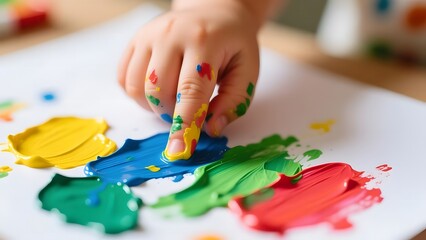 Naklejka premium Child Finger Painting with Colorful Paints – Creative Kids Art and Sensory Play