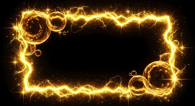 golden electric lightning frame with luminous orbs and sparkling particles on black ideal for tech presentations game interfaces.